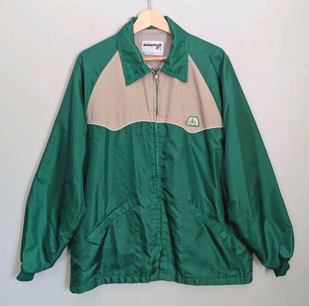 Vintage Swingster Jacket Pioneer Seed Patch Mens L Green Windbreaker USA Made